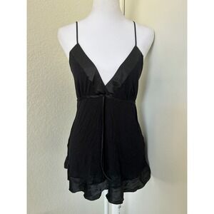 Vtg Twenty One Black Rayon Babydoll Camisole Tie Front Top Large Coquette Fairy